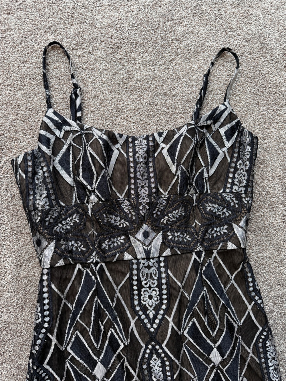 BCBGMaxAzria Black and Silver Metallic Geometric Lace Midi Dress - Picture 9 of 15